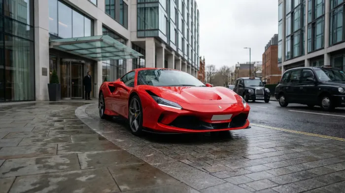 Ferrari arriving Cathedral Quarter Belfast hourly hire